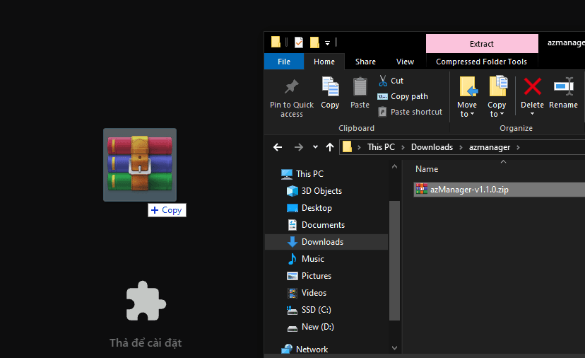Kéo file azManager zip từ thư mục Tải xuống thả vào trang Tiện ích, Chrome hiện dòng Thả để cài đặt