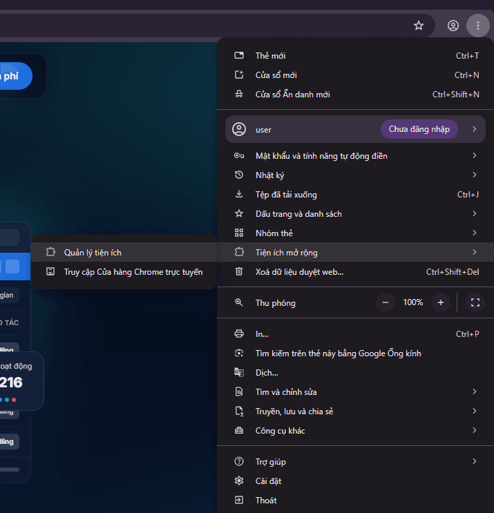 Menu Chrome đang mở mục Tiện ích mở rộng, chọn Quản lý tiện ích